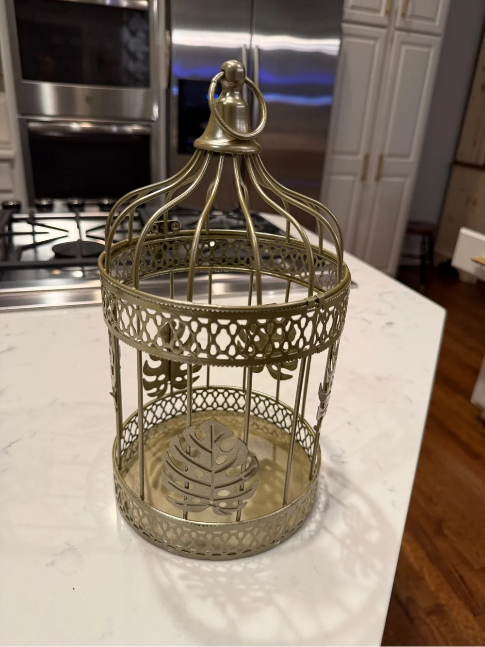 Gold Metal Birdcage Lantern Candle Holder Monstera Leaf Tropical Boho Decor